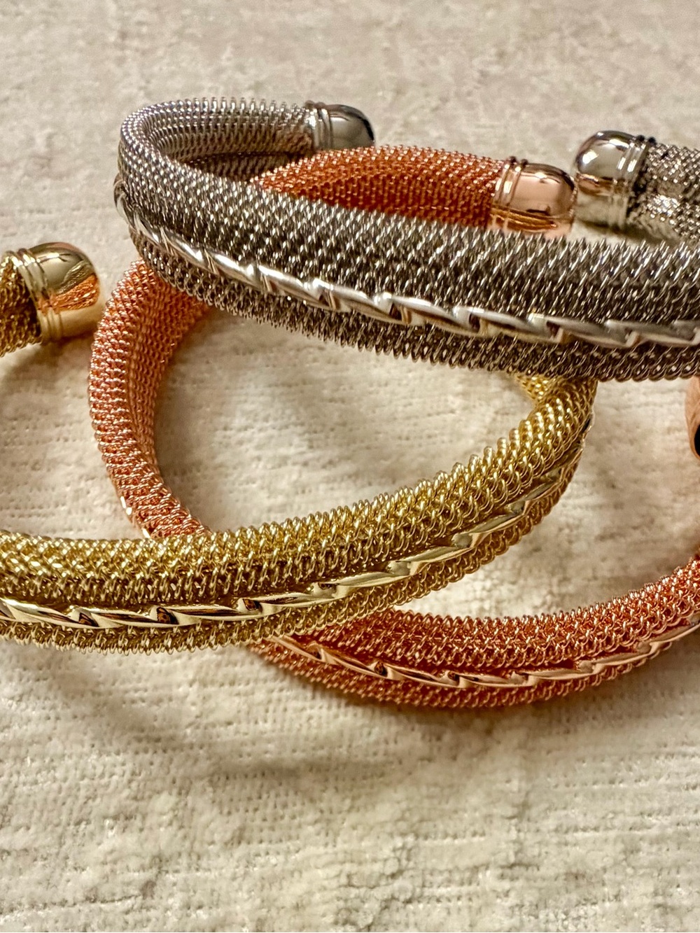 NWOT - Tri-Tone Mesh Cuff Bracelet Set - Gold, Rose Gold, Silver